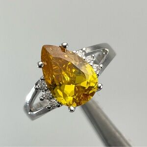 Beautiful Elegant Pear Cut Solitaire Yellow Diamond CZ Silver Plated Ring